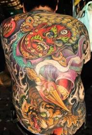 Teljes hátú Vajrapani bodhisattva és tigris festett tetoválás mintával