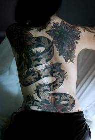 Reen granda serpento kaj floroj plena malantaŭa tatuaje ŝablono