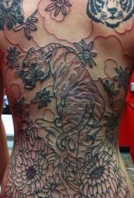 Tiger ug chrysanthemum nga bug-os nga sumbanan sa tattoo sa likod