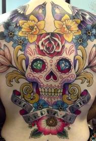 Назад квіти і барвисті череп татуювання візерунок