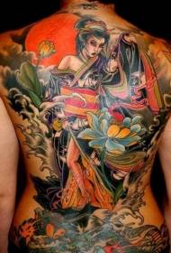 背部可爱的日本艺妓莲花纹身图案