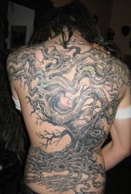 Tillbaka svart stort träd tatuering mönster