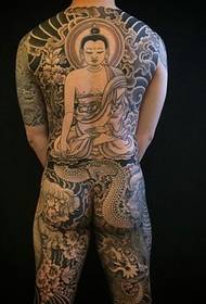 Full back personality black and white Buddha tattoo picture