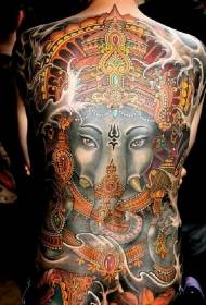 背部巨大的彩色象神纹身图案