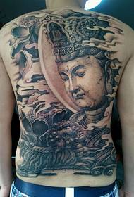 Boeddha hoofd en Tang leeuwentattoo met volledige rug