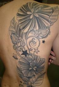 Zadný snový čierne kvety a hviezdy tetovanie vzor
