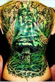 Atgal žalių elfų vynmedžių ir drugelių tatuiruotės modelis