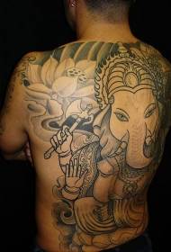 背部黑色的象神莲花纹身图案