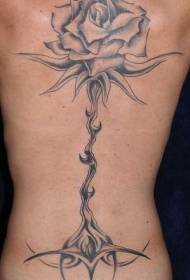Back black gray tribal rose tattoo pattern