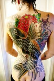 女滿背傳統鯉魚花彩色紋身圖案
