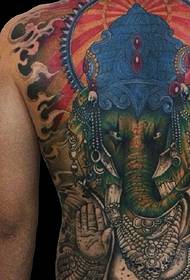 完全なバック人格のカラフルな象の神のタトゥー画像