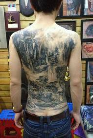 Повна спина чорний сірий пейзаж живопис татуювання візерунок