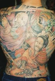 Modello di tatuaggio con schiena dipinta samurai giapponese e drago