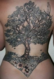 Patrón de tatuaje de árbol y flor negro en la espalda
