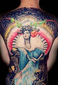 Very interesting full back beauty portrait tattoo