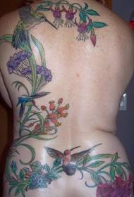 Rygfarvede blomster og kolibri tatoveringsmønster