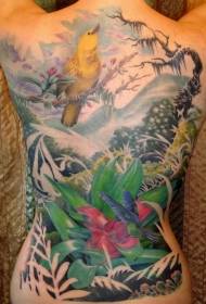 Modello di tatuaggio paradiso di fiori di uccelli di colore perfetto sul retro