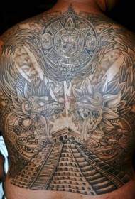 Helt baksida Aztec pyramid och idol tatueringsmönster