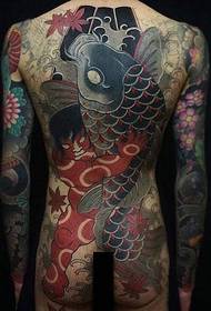 Immagini di tatuaggi di calamari colorati in stile giapponese con la schiena piena
