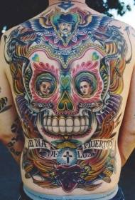 Pola tato tengkorak Meksiko yang berwarna-warni di bagian belakang