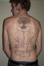 Back life tree with pond lotus tattoo pattern