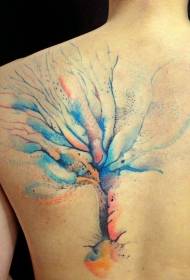 Back cute watercolor style big tree tattoo pattern