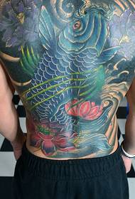 Buong back blue big squid tattoo pattern na puno ng pagkatao