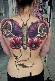 Bogha féileacán iomlán agus patrún tattoo bláthanna