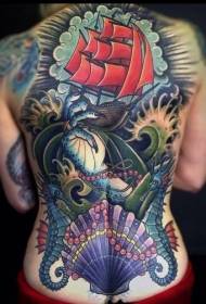 Natrag u boji jedrilica morskog konja školjka tetovaža uzorak