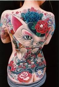 Pige tilbage farvet fortryllende kat blomst tatovering mønster