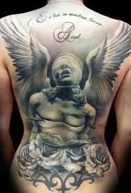 Visas nugaros angelo ir rožės tatuiruotės modelis