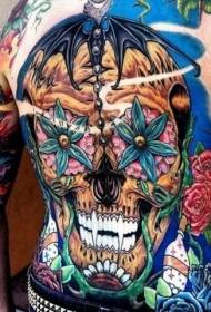 Back color colorful skull flower combination tattoo pattern