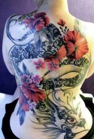 Back embroidered black dragon and red flower tattoo pattern