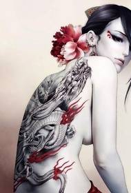 Tatuaje de dragón en la espalda de una bella mujer