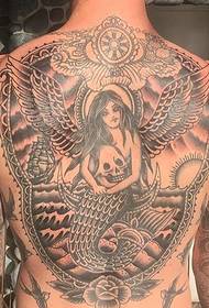 Pilna nugaros juodos ir baltos angelo undinės alternatyvios tatuiruotės nuotrauka