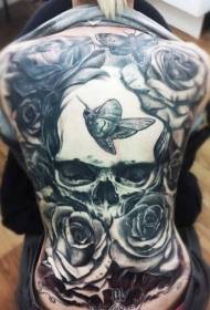 Plak hitam dan putih punggung penuh dengan pola tato kupu-kupu dan mawar