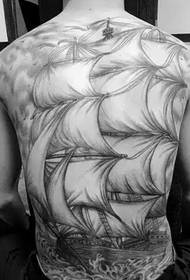 Tatuaggio da barca a vela grande bianco e nero con personalità a schiena piena da uomo