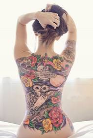 Sexy beauty full back with rose owl owl tattoo