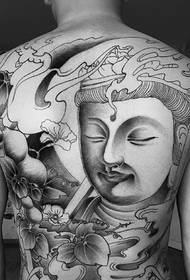 Pola tattoo hideung hideung sareng hina Buddha pinuh kapribadian