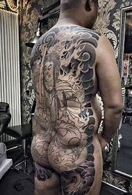 个性男士满背黑白传统雷神纹身图案