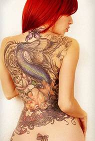 Europese schoonheid volledige rug kleur zeemeermin tattoo patroon