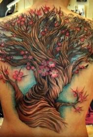 Pola tato pohon ceri penuh warna yang indah di bagian belakang