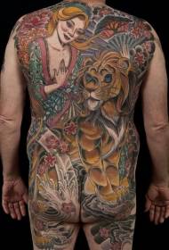 Model de tatuaj pentru femeie colorată și flori de leu