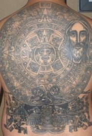 Full back Aztec sun stone and Jesus portrait tattoo pattern