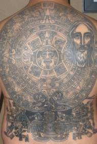 Helt bakerste aztekisk solstein og Jesus portrett tatoveringsmønster