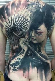 Superbe tatouage de geisha et parapluie au dos