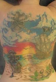 Bizkar koloreko pirata itsaso paisaia gaiaren tatuaje eredua