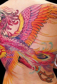 Precej pisane tetovaže feniksa na hrbtu deklet