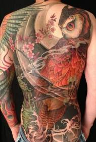 Pola tato bunga burung hantu berwarna-warni