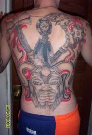 Motif de tatouage de guerrier viking noir et rouge au dos